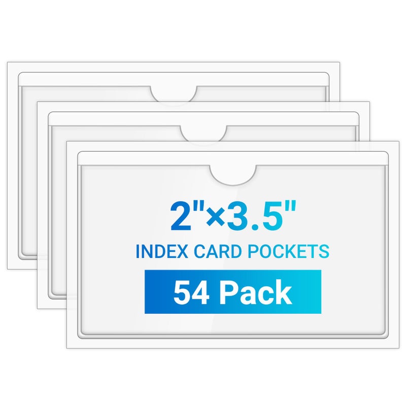 MaxGear 54 Pcs Index Card Pockets with Top Open  Adhesive Pockets  Plastic Label Holder for Note Cards and Library Cards  Clear Adhesive Pocket for 2"" x 3.5"" Index Card  Label Holders  2.4 x 3.9 Inch - Image 1